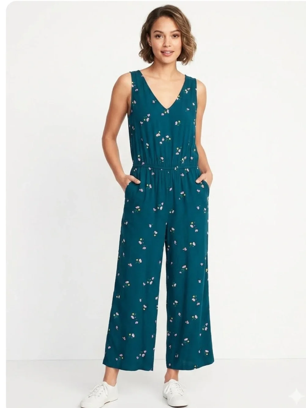 Old Navy Teal V-Neck Floral Sleeveless Jumpsuit